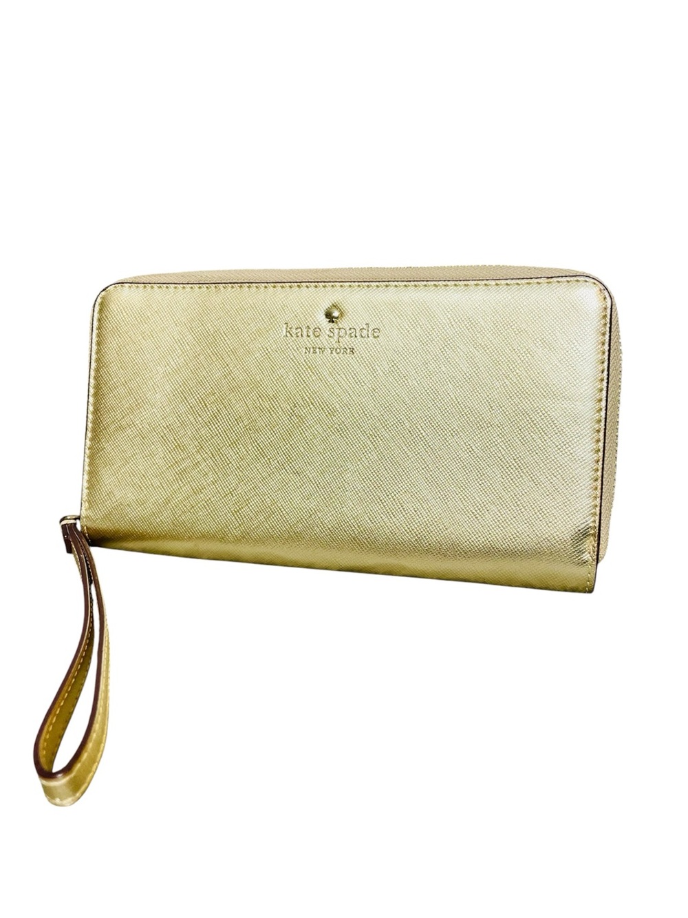 Kate Spade Metallic Gold Saffiano Continental Wristlet Storybook Interior Lining